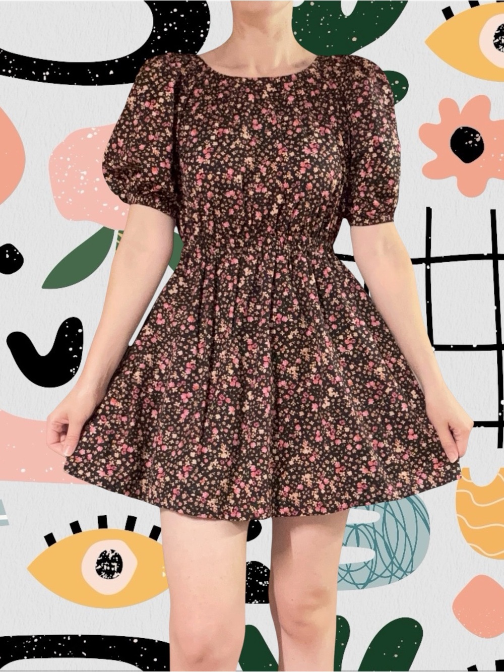 Old Navy | Petite Black Multi Floral Print Puff Sleeve Mini Dress